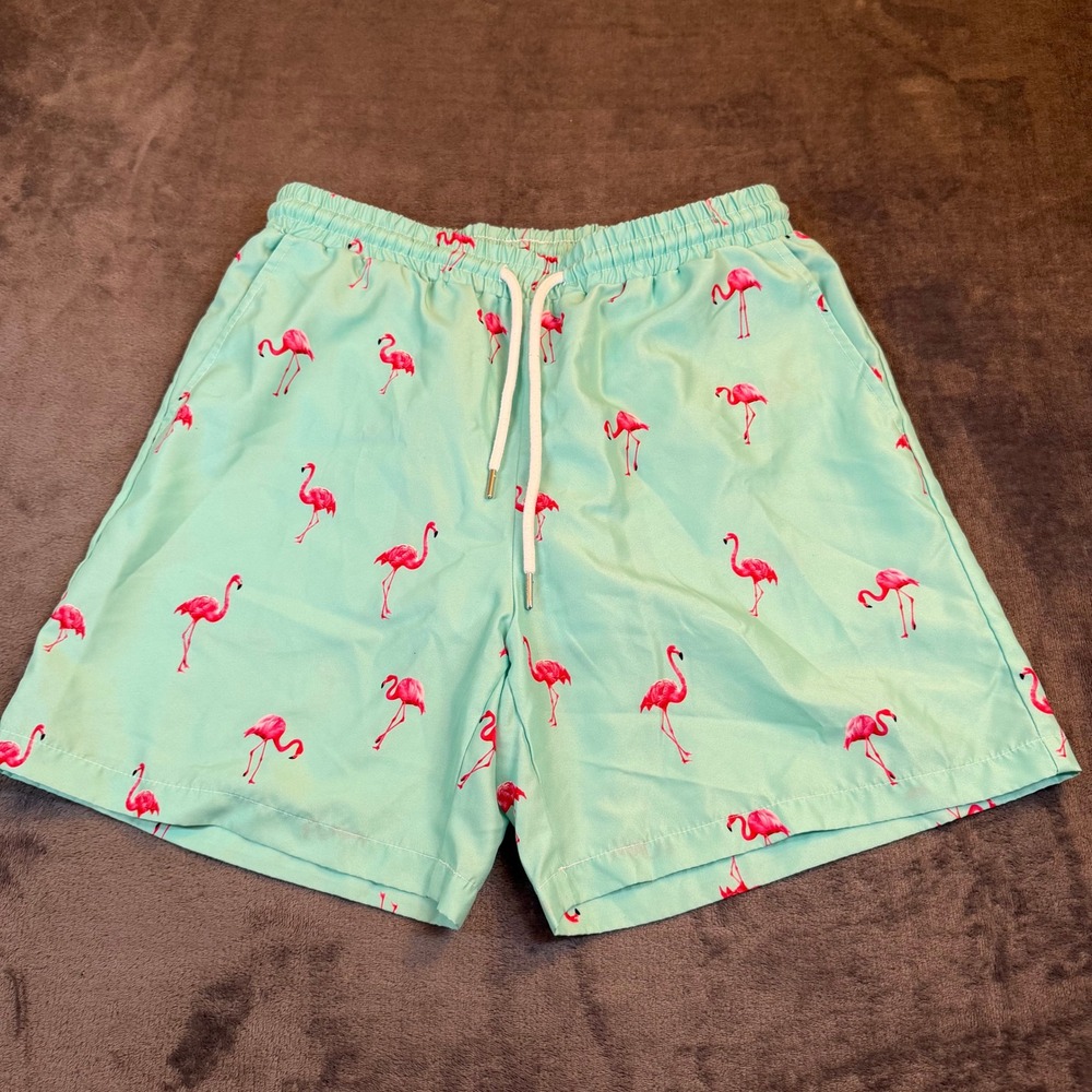 SHEIN Flamingo Print Swim Trunks Mens Large Mint Green Mesh Lined Pockets